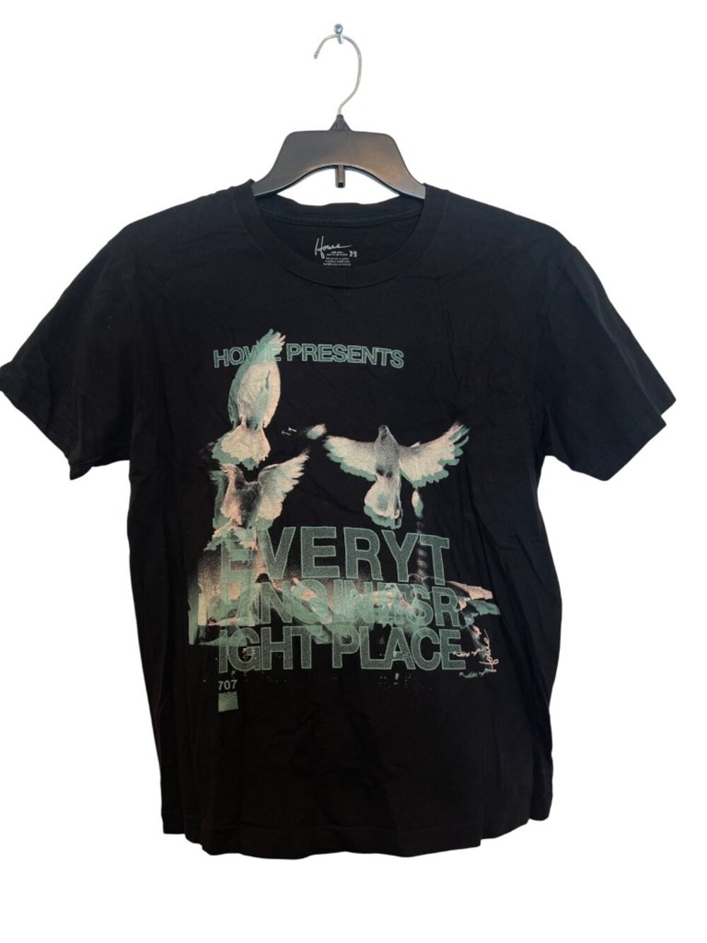 House Presents Black T-Shirt With Dove Print & Text Design Medium Size Cotton Bl